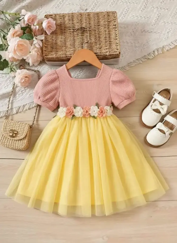 Stylish Floral Party Frock for Baby Girls – Pink & Yellow Net Dress