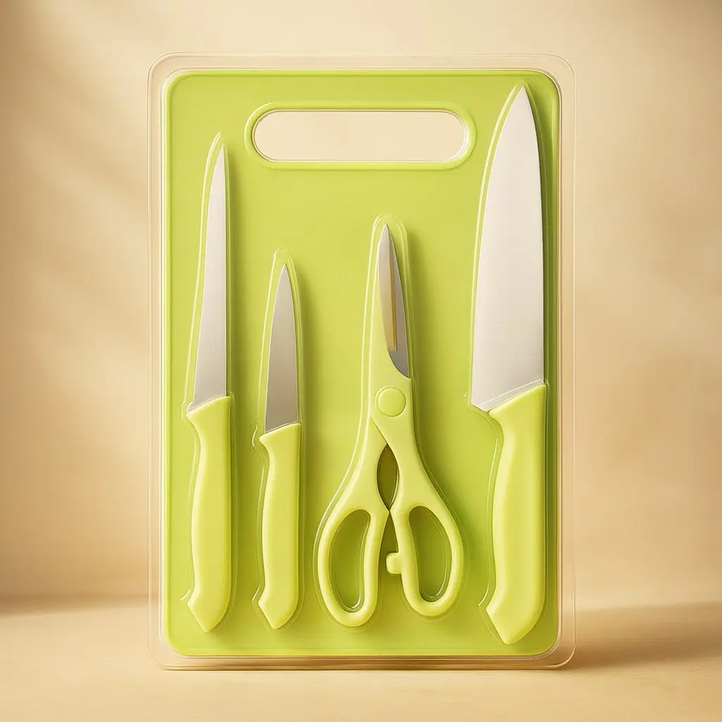 Premium Kitchen Knife & Scissors Set with Cutting Board – Multi-Purpose Cooking Tool Kit (3 Knives + 1 Scissor + 1 Board) (Lime Green)