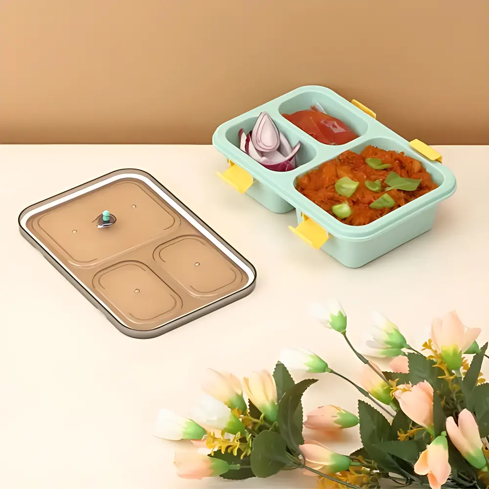 3-Compartment Lunch Box with Airtight Lid & Spoon – Perfect for Roti, Sabzi, Dal-Chawal (Sage Green)