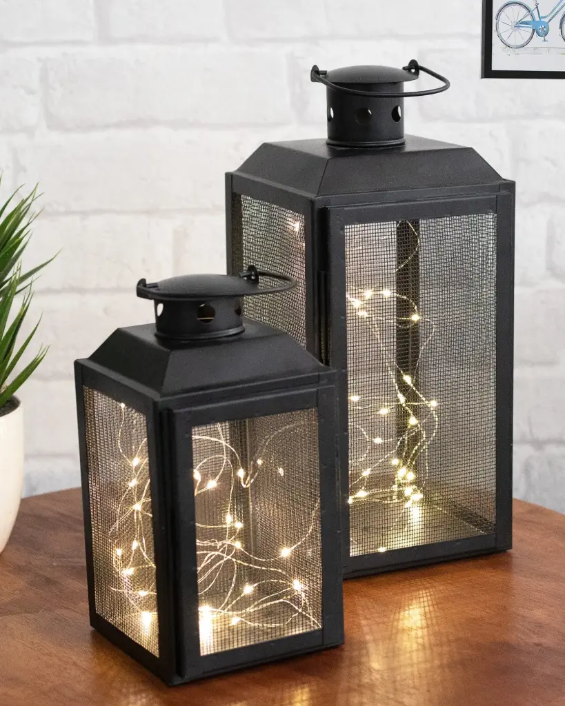 Modern Black Metal Lantern Set with LED Fairy Lights – Elegant Home Décor Piece