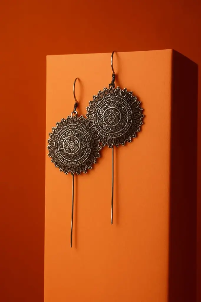Oxidized Silver Mandala Drop Earrings or Bohemian Long Dangler Earrings.