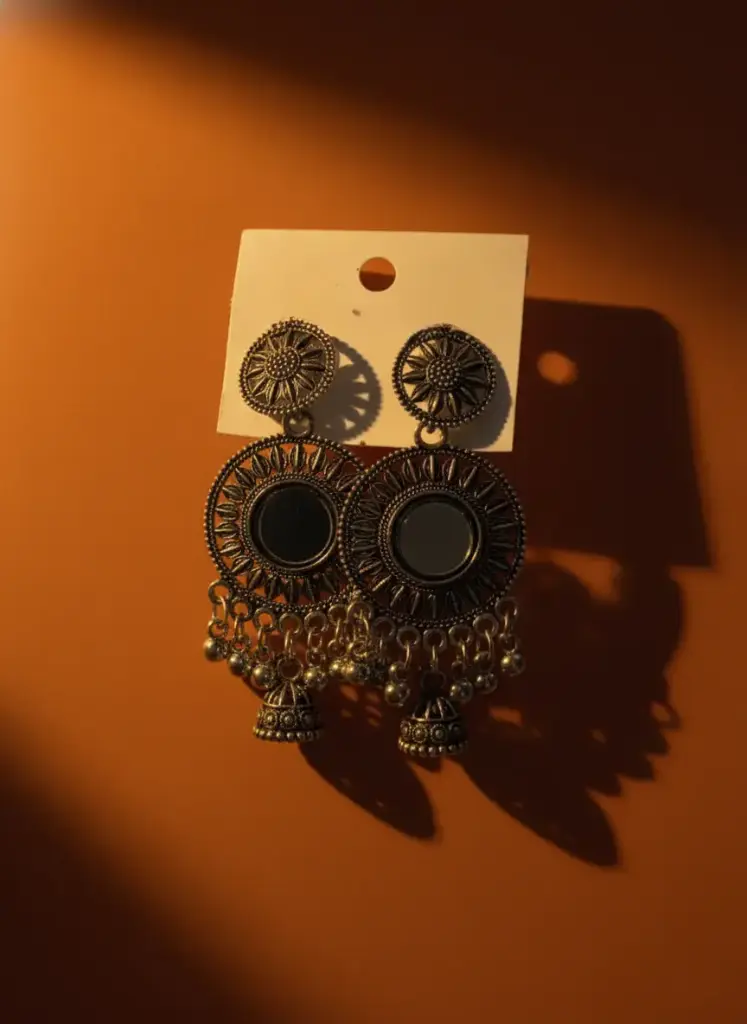 Boho Gypsy Oxidized Silver Mirror Drop Earrings