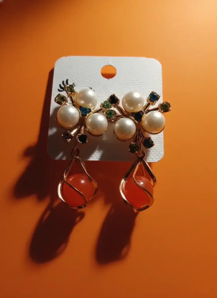Elegant Pearl Flower Cluster & Orange Gemstone Drop Earrings