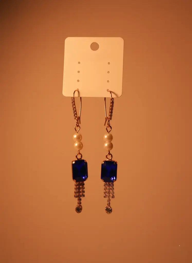 Elegant Sapphire Blue Crystal and Pearl Long Drop Earrings