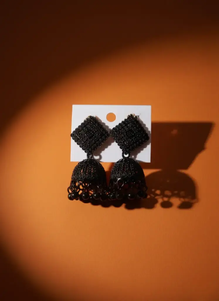 Contemporary Black Metal Geometric Jhumka Earrings