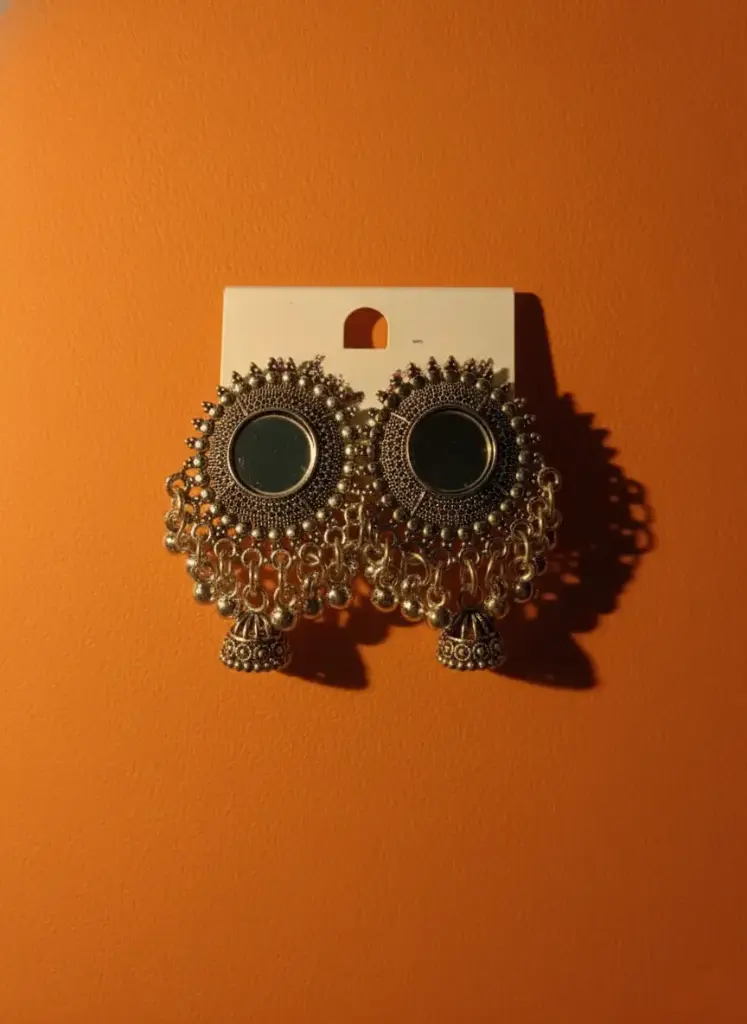Traditional Oxidized Silver Mirror Jhumka Dangler Earrings