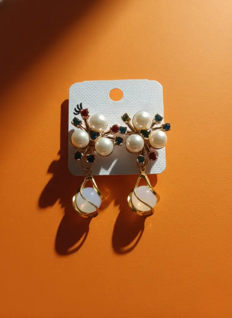 Elegant Gold-Tone Pearl Flower & Opalite Drop Dangler Earrings