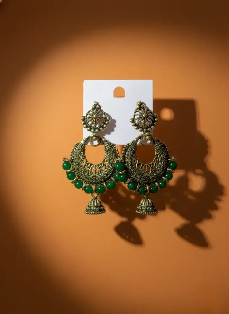 Traditional Oxidized Chandbali Earrings with Green Bead Drops