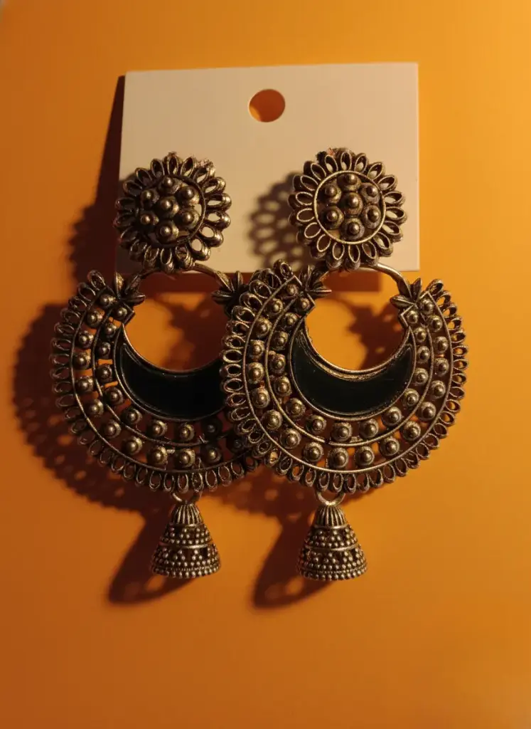 Traditional Oxidized Crescent Mirror Work Chandbali Jhumka