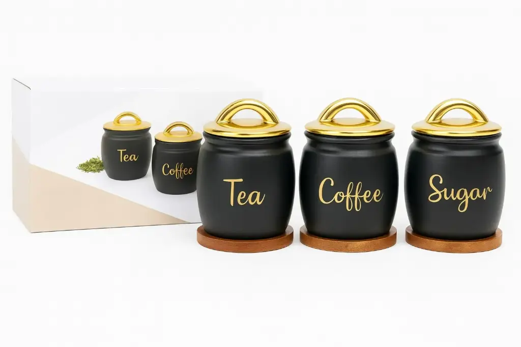 Premium Glass Tea, Coffee & Sugar Storage Jar Set with Golden Lid – 3-Piece Kitchen Canister Set
